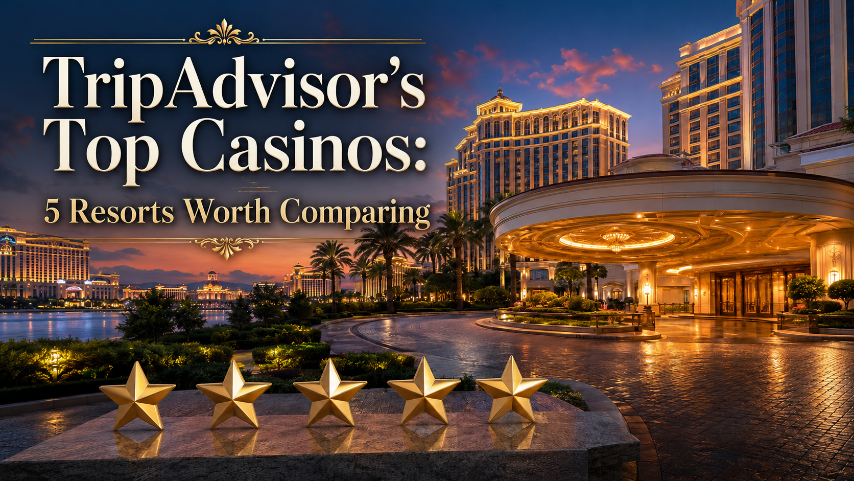 Luxury casino resort thumbnail with the title TripAdvisor's Top Casinos: 5 Resorts Worth Comparing over a sunset hotel scene and five gold rating stars.