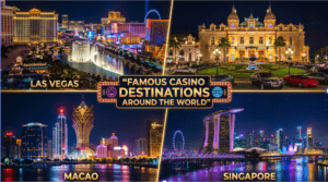 Collage of famous casino destinations around the world, including Las Vegas, Monte Carlo, and Macao, with vibrant night lights, iconic casino buildings, and cityscapes.