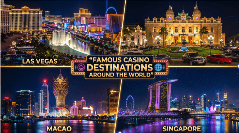 Collage of famous casino destinations around the world, including Las Vegas, Monte Carlo, and Macao, with vibrant night lights, iconic casino buildings, and cityscapes.
