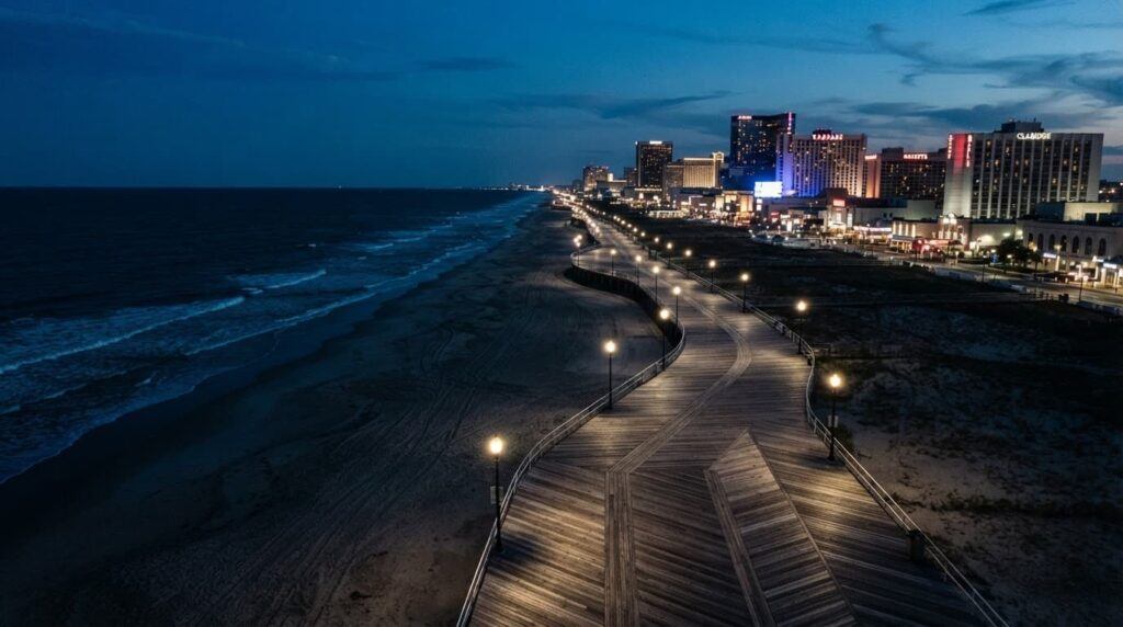 An aerial view of the wooden boardwalk and beach along the ocean at dusk.
