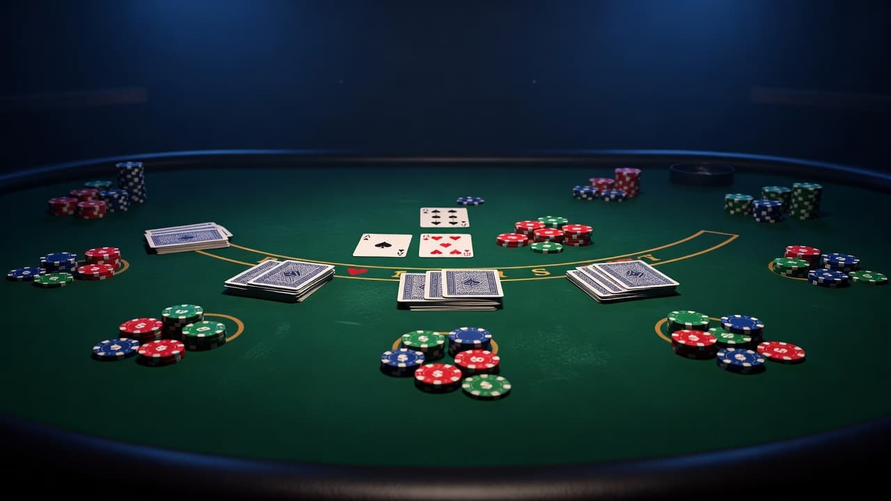 An overhead view of a green casino blackjack table with cards and chips under dramatic lighting.
