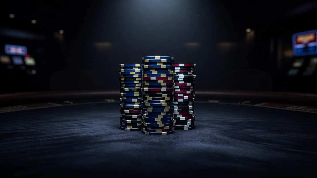 A neat stack of poker chips sits on a dark gaming felt table under dramatic blue lighting.