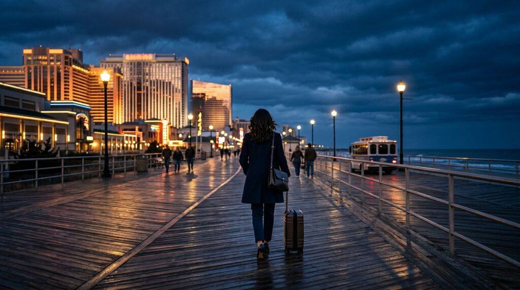 A solo traveler walks along the Atlantic City boardwalk toward glowing casino towers at dusk.