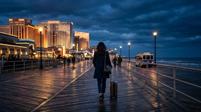 A solo traveler walks along the Atlantic City boardwalk toward glowing casino towers at dusk.