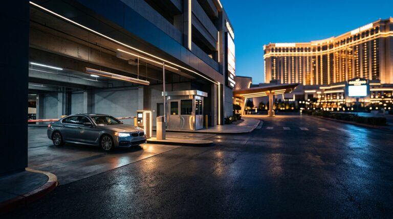 Rental car stopped at a casino garage gate beside a payment kiosk at dusk.