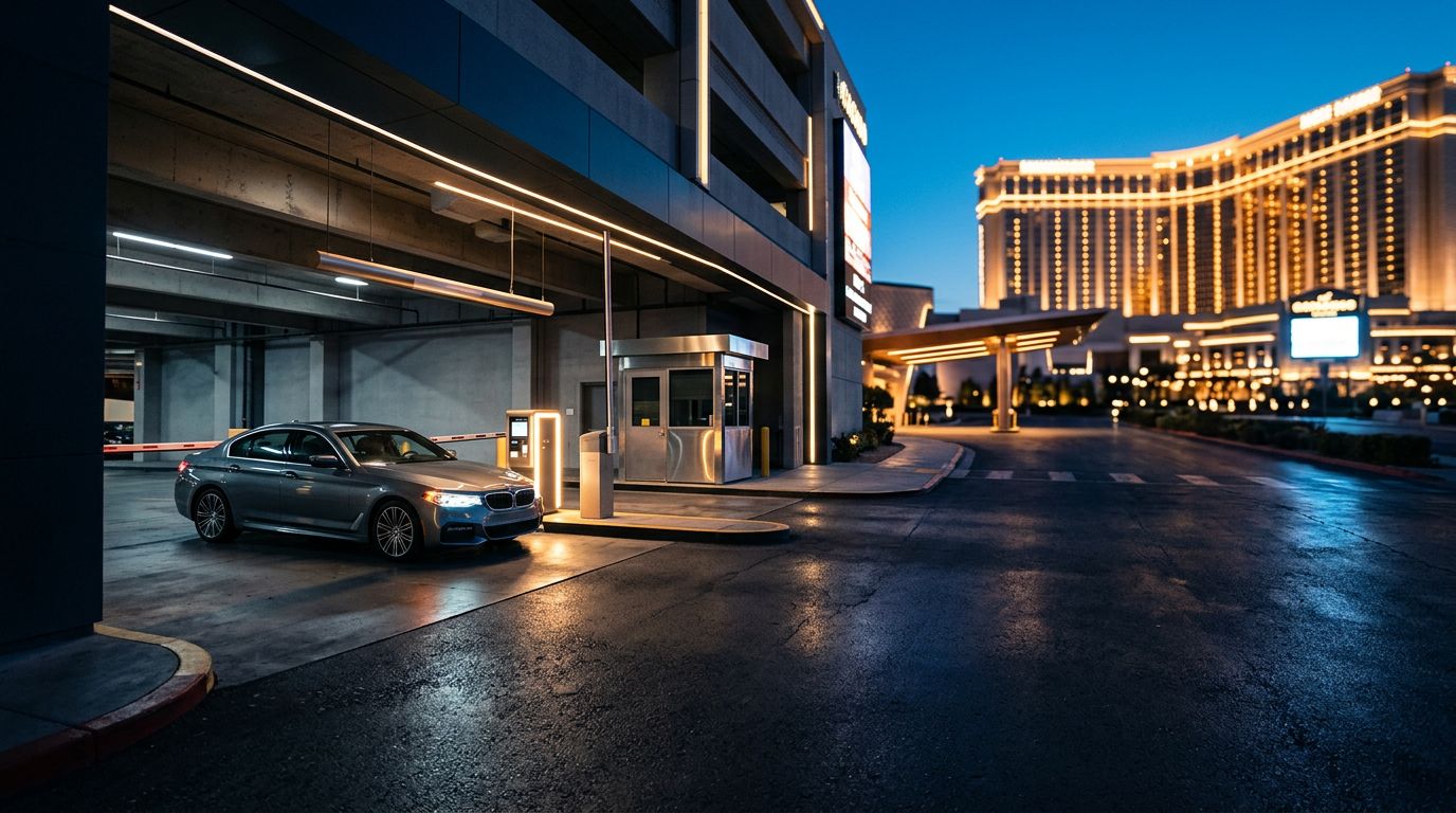 Rental car stopped at a casino garage gate beside a payment kiosk at dusk.