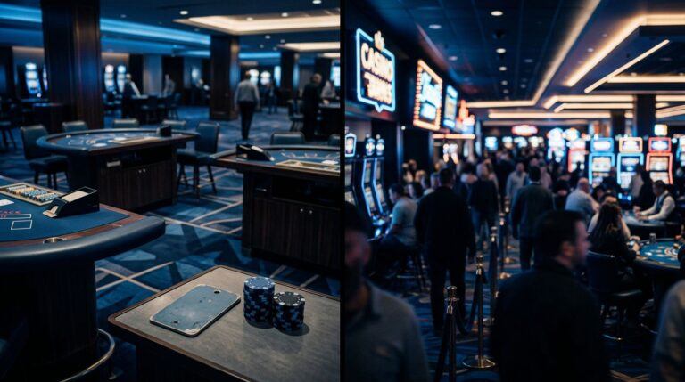 Split-screen image comparing a calm midweek casino floor to a crowded weekend scene.