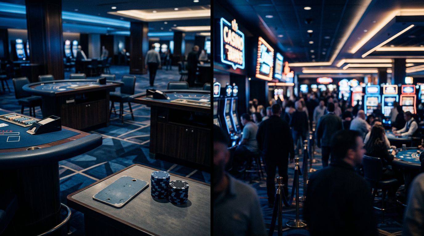 Split-screen image comparing a calm midweek casino floor to a crowded weekend scene.