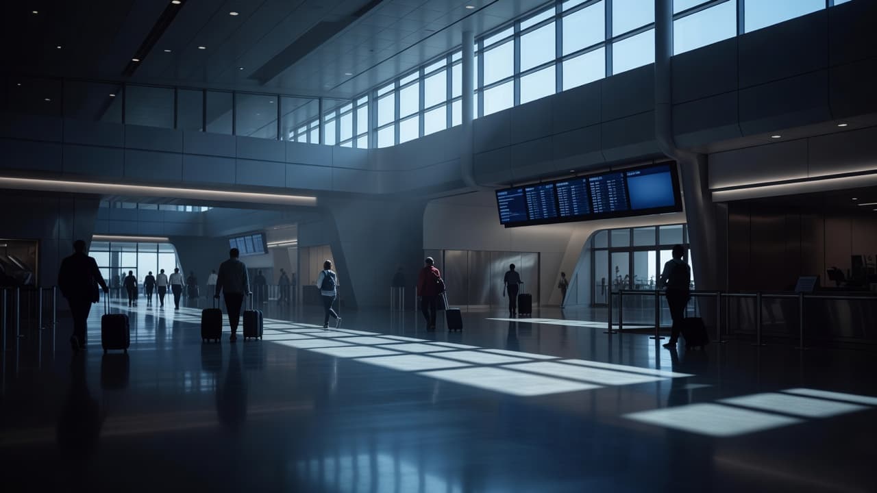 People walking through a brightly lit and spacious modern airport terminal.