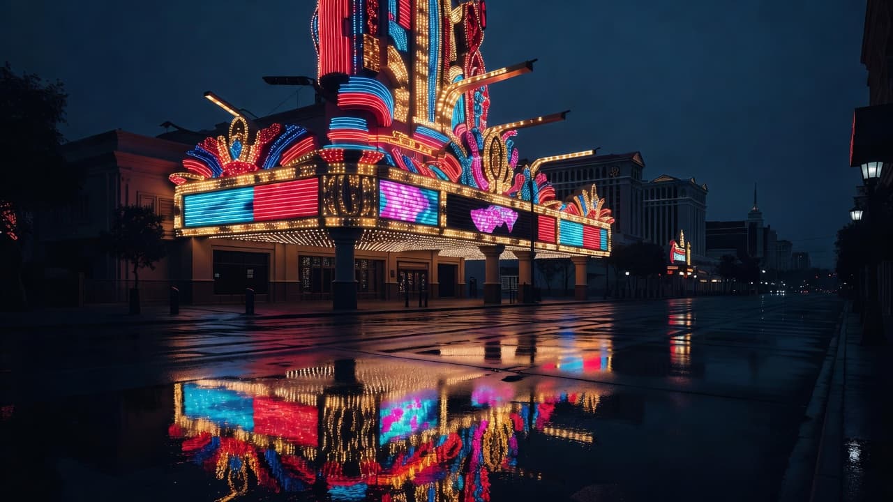 A brilliant, glowing casino sign reflecting on a wet city street at night.