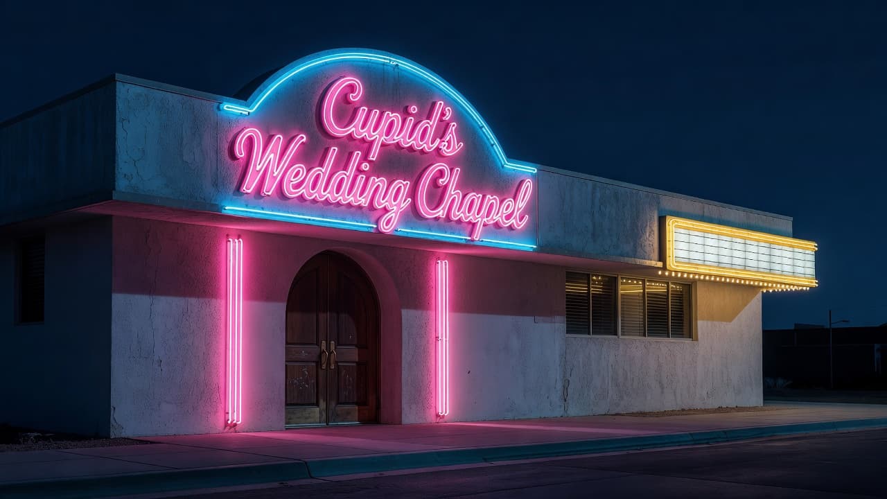 A vintage Las Vegas wedding chapel glows with bright neon signs at night.