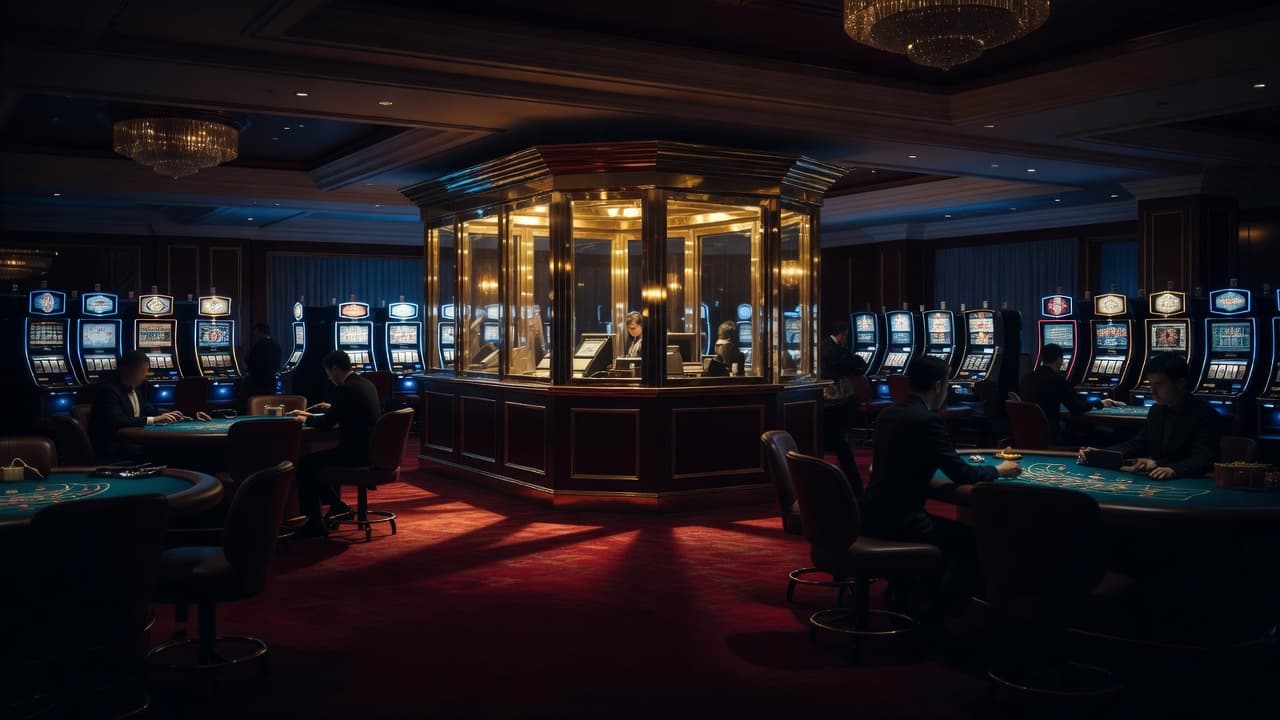A dimly lit casino interior featuring rows of slot machines and a prominent cashier desk.