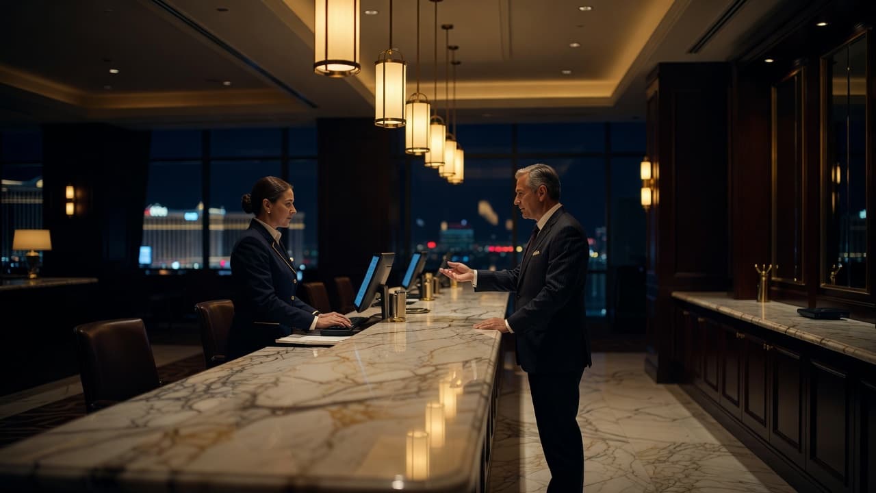 A hotel concierge assisting a guest at a glowing marble reception desk in a dark lobby.