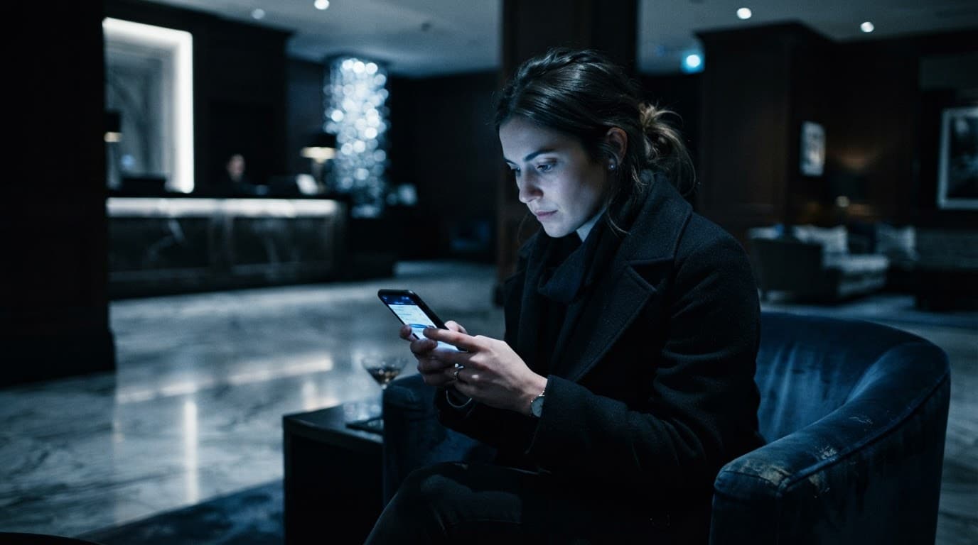 A person looking at a glowing smartphone in a dark hotel lobby at night.