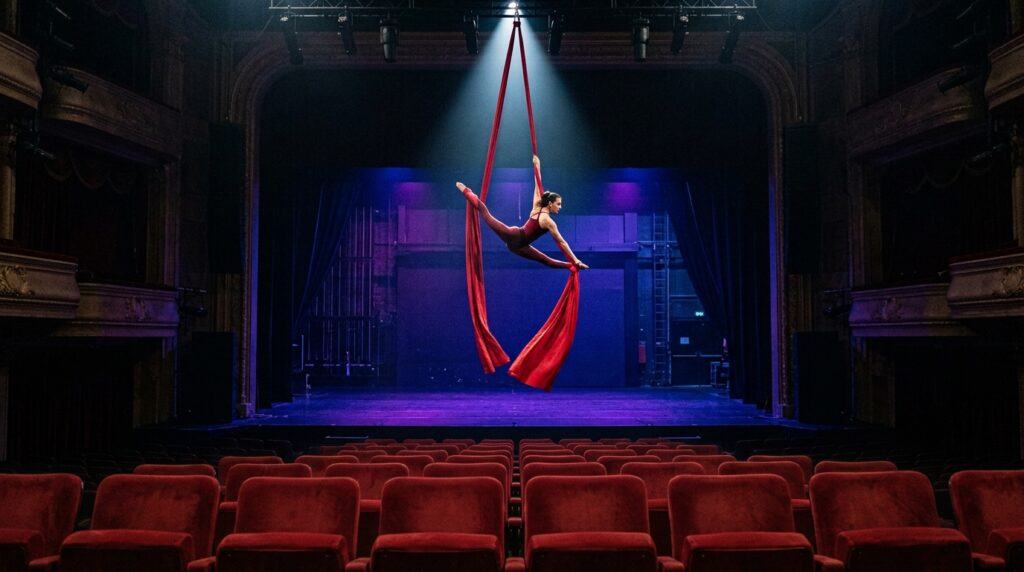 Cirque du Soleil aerial acrobat performing on red silks above a Las Vegas stage with dramatic blue and purple lighting.
