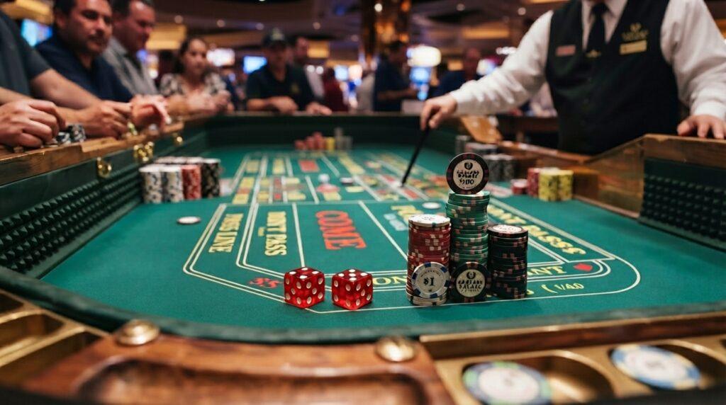 Stacked chips on a craps table near dice