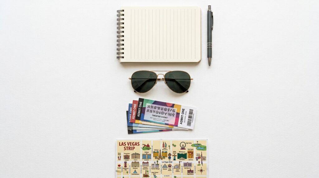 A Las Vegas trip planning flat lay with a notepad checklist, sunglasses, show tickets, and a Strip map arranged on a white surface.
