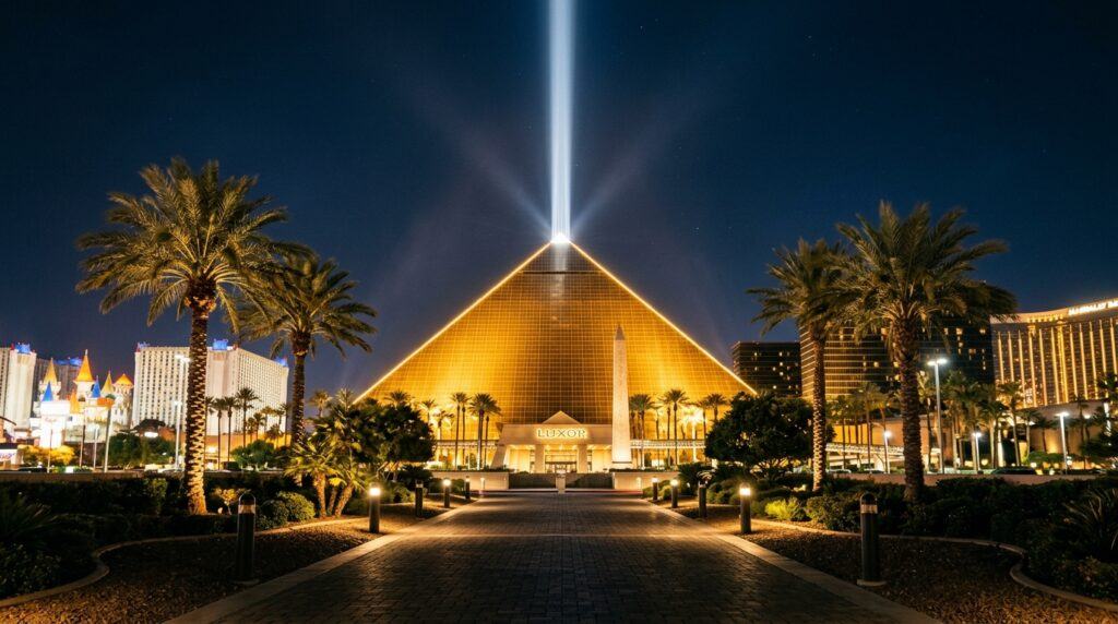 The Luxor Hotel pyramid in Las Vegas at night with its iconic sky beam shooting upward from the top, home to Titanic and BODIES exhibitions plus Blue Man Group.

