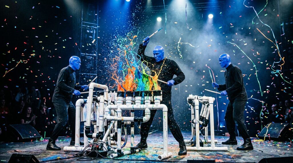 Blue Man Group Las Vegas performance with three performers in blue makeup playing percussion instruments with colorful paint splatter on stage.
