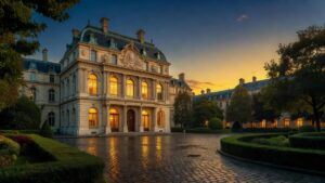 Top European casino cities: an ornate Belle Époque casino glowing warmly at dusk on a European square