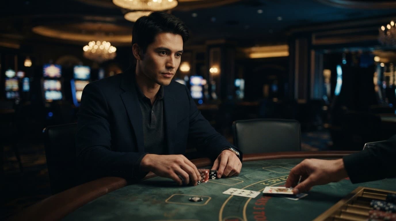 A focused player holds chips while cards are dealt at a dimly lit blackjack table.