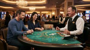 A dealer and two players gather around a green blackjack table.