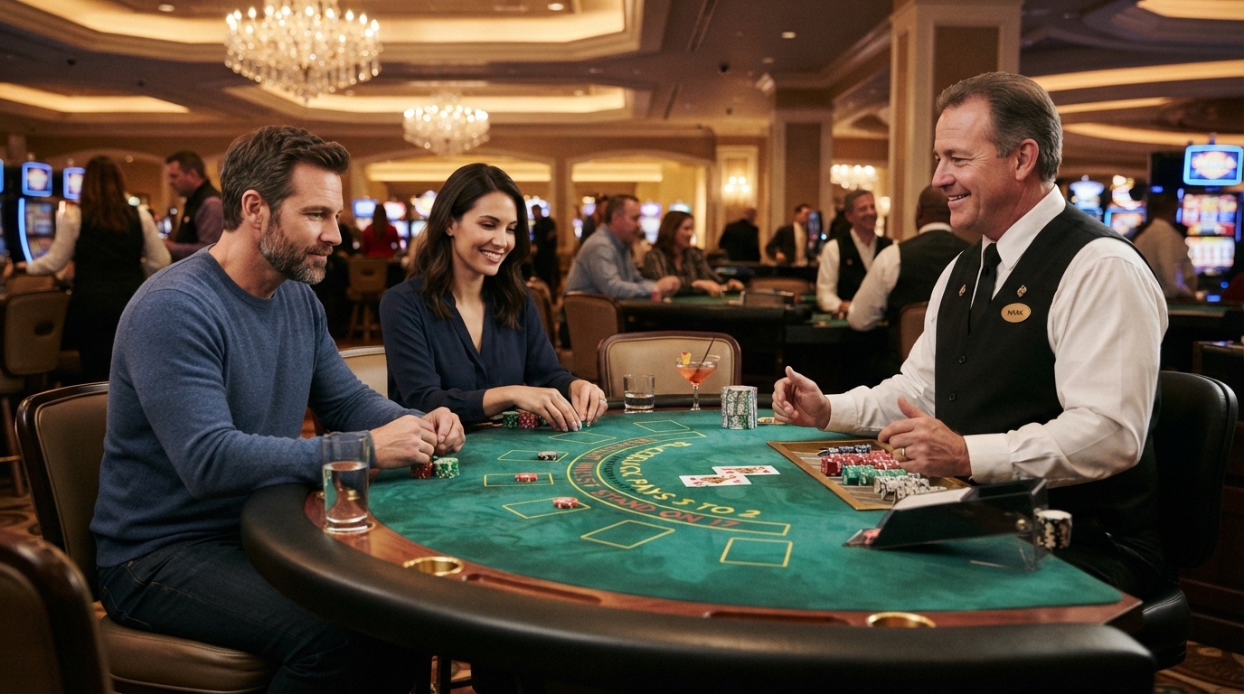 A dealer and two players gather around a green blackjack table.