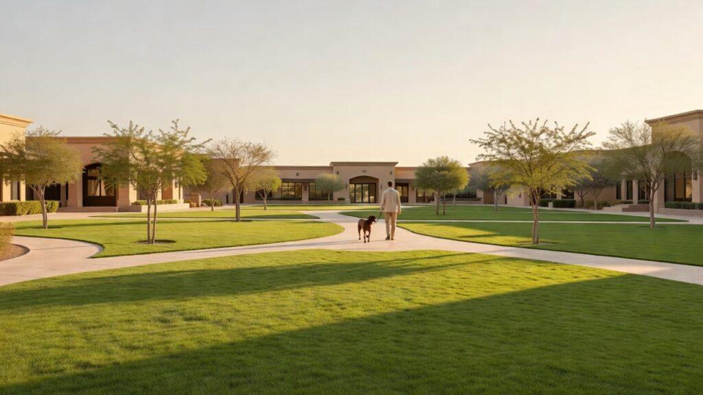 Traveler walking a dog through a landscaped pet relief area at a casino hotel