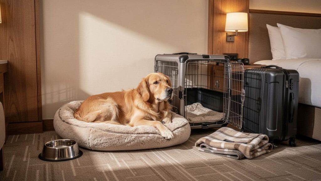 Golden retriever resting beside an open travel crate in a dog-friendly hotel room