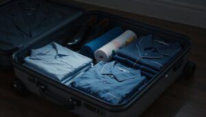 Open suitcase with folded clothes, rolled shirts, shoes, and colorful packing cubes.