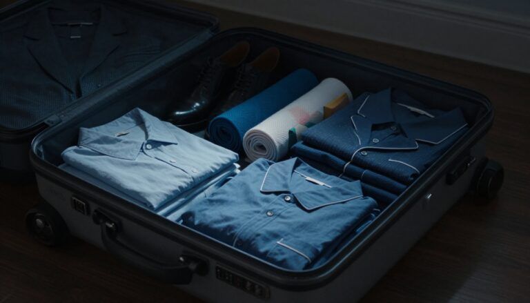 Open suitcase with folded clothes, rolled shirts, shoes, and colorful packing cubes.