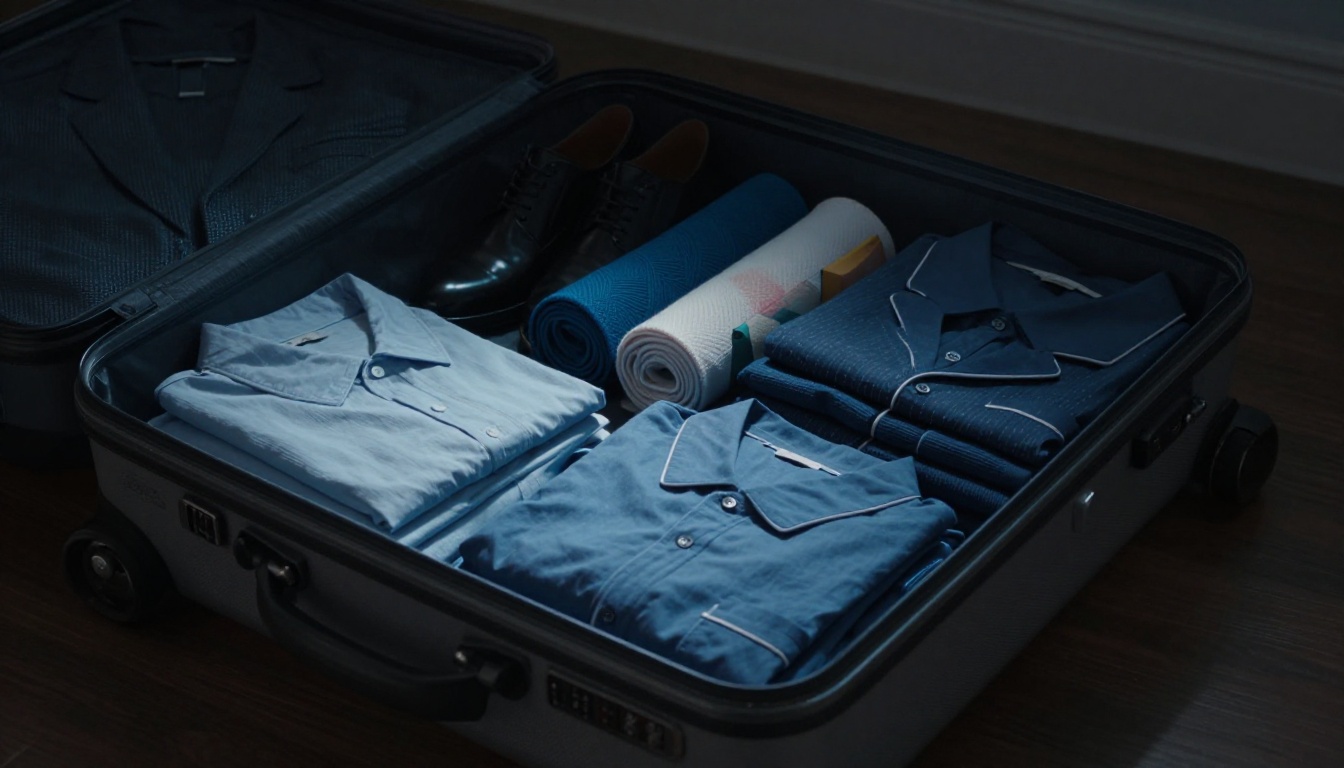 Open suitcase with folded clothes, rolled shirts, shoes, and colorful packing cubes.