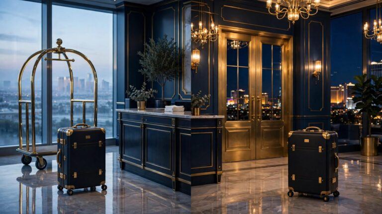 A packed suitcase appears in a resort lobby at dawn and evening, beside concierge service and elegant departure doors.