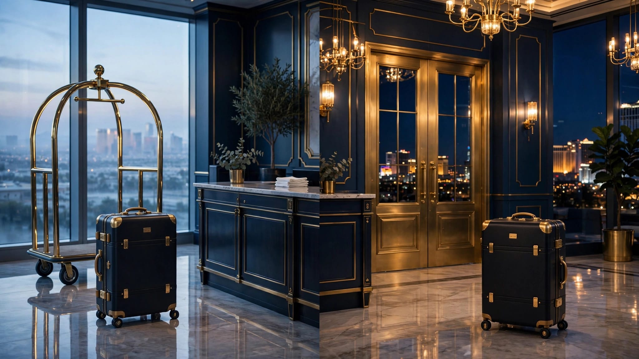 A packed suitcase appears in a resort lobby at dawn and evening, beside concierge service and elegant departure doors.