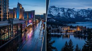 Split view of Reno casinos and Lake Tahoe resorts beneath snowy mountains at twilight.