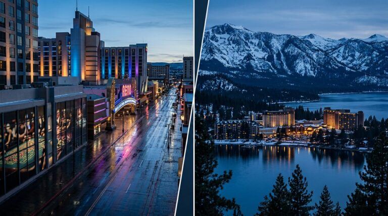 Split view of Reno casinos and Lake Tahoe resorts beneath snowy mountains at twilight.
