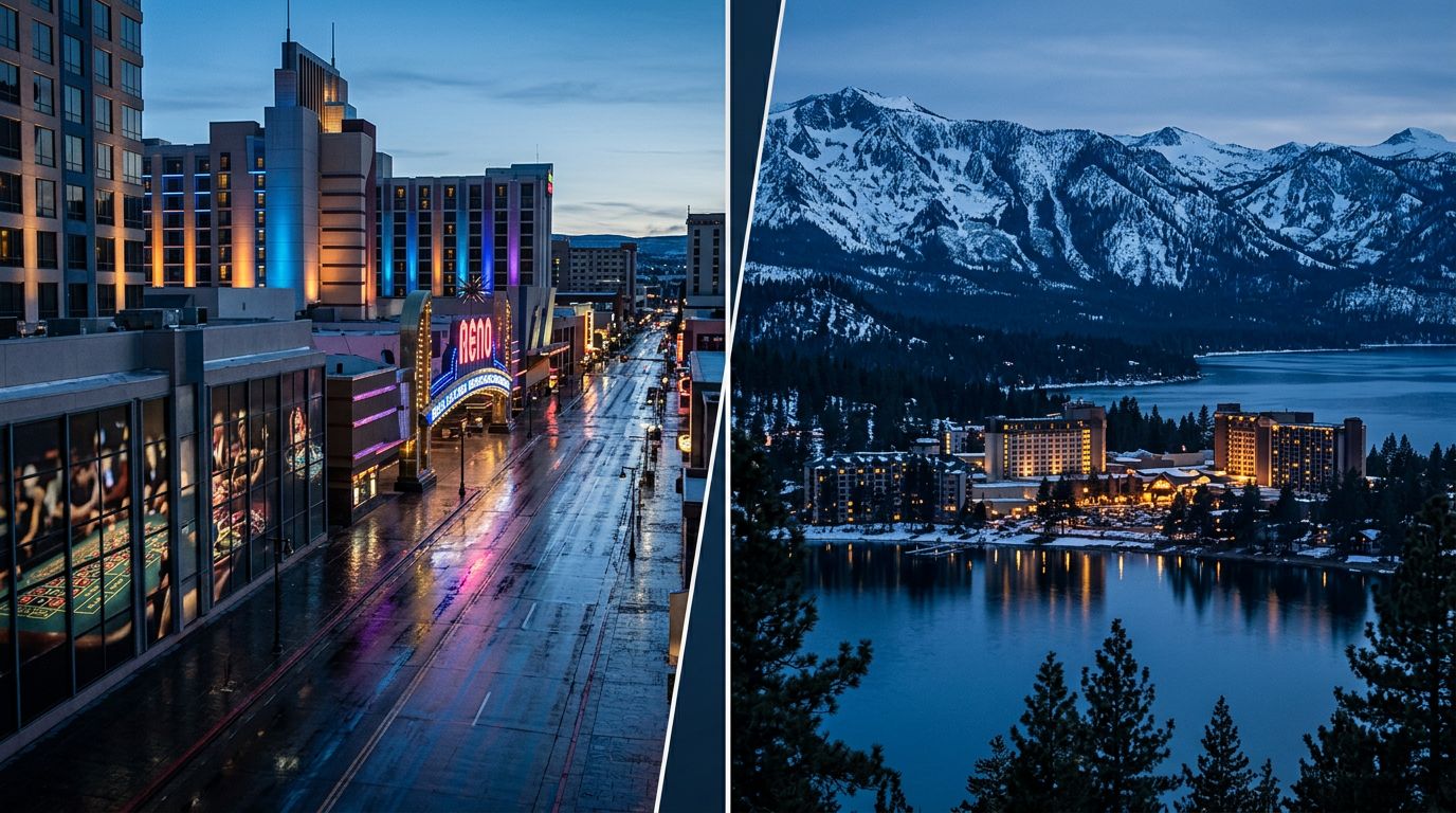 Split view of Reno casinos and Lake Tahoe resorts beneath snowy mountains at twilight.