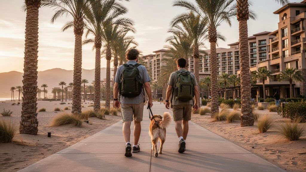 Traveler walking a dog along a palm-lined Las Vegas resort sidewalk at sunrise