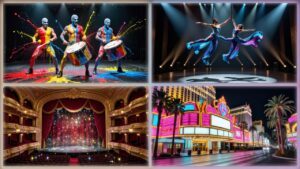 Collage of the best shows in Las Vegas featuring Blue Man Group, Cirque du Soleil acrobats, a grand theater interior, and the neon-lit Strip at night.