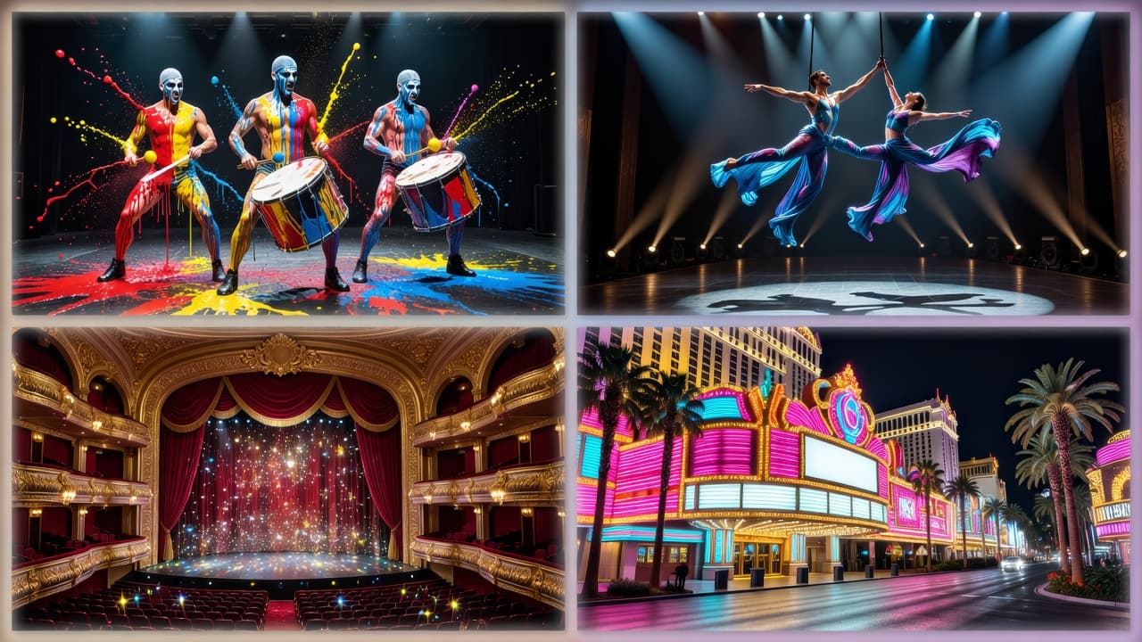 Collage of the best shows in Las Vegas featuring Blue Man Group, Cirque du Soleil acrobats, a grand theater interior, and the neon-lit Strip at night.