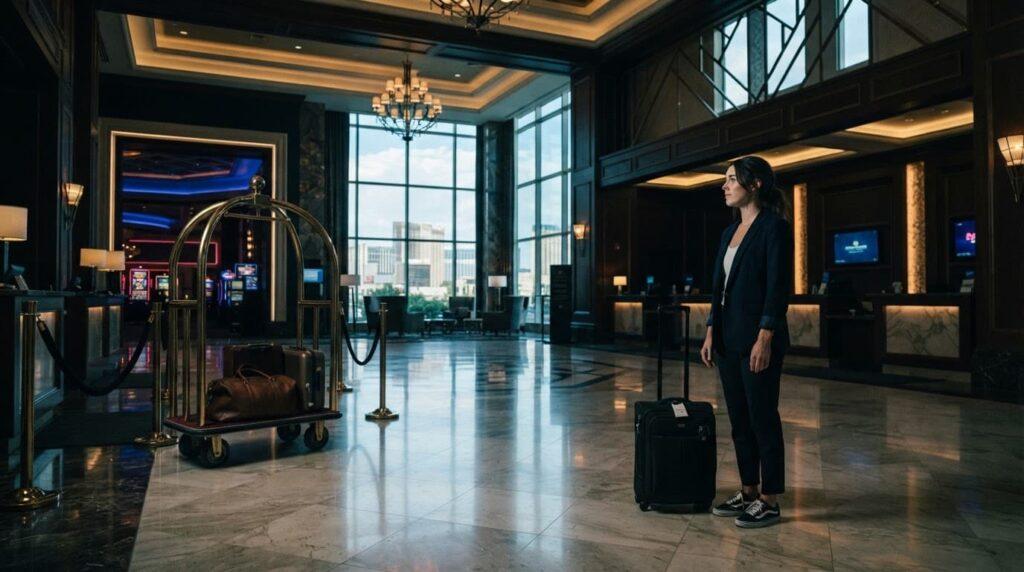 Traveler with a carry-on suitcase waiting near a Las Vegas hotel front desk