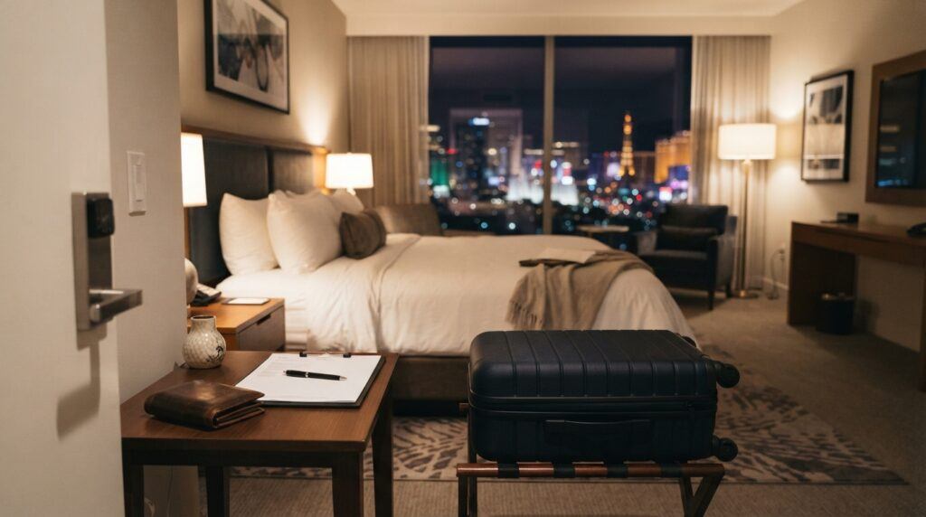 Las Vegas hotel room with luggage and travel expenses on a side table