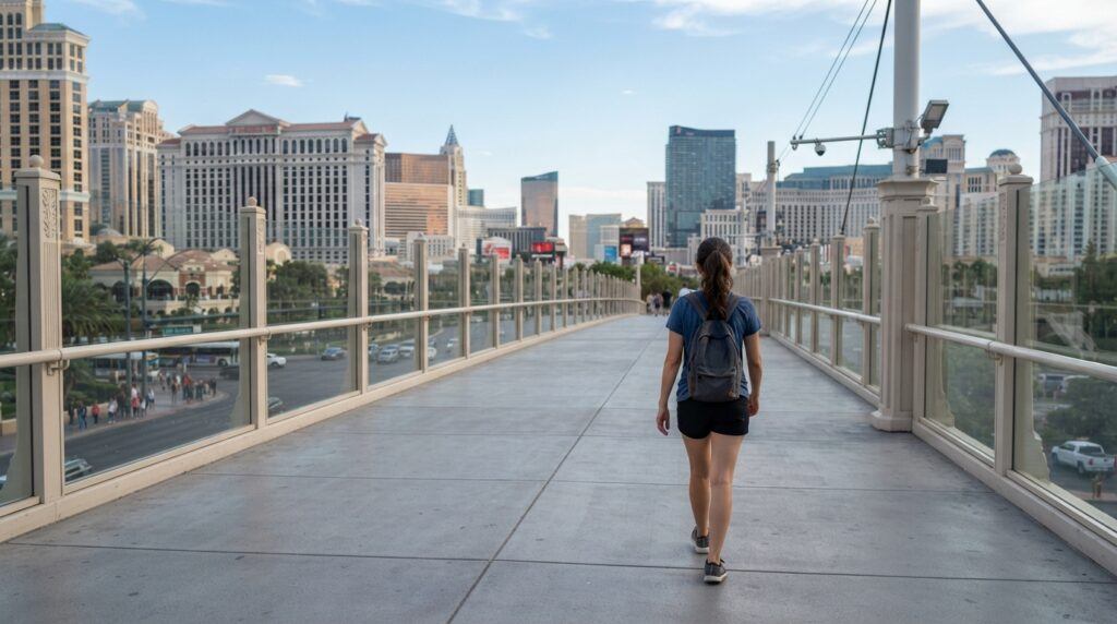 Traveler walking along the Las Vegas Strip toward distant casino hotels