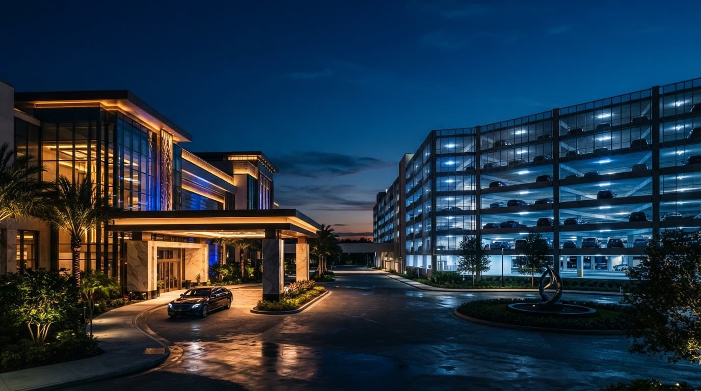 A luxury casino resort entrance beside a multi-level parking garage at dusk.