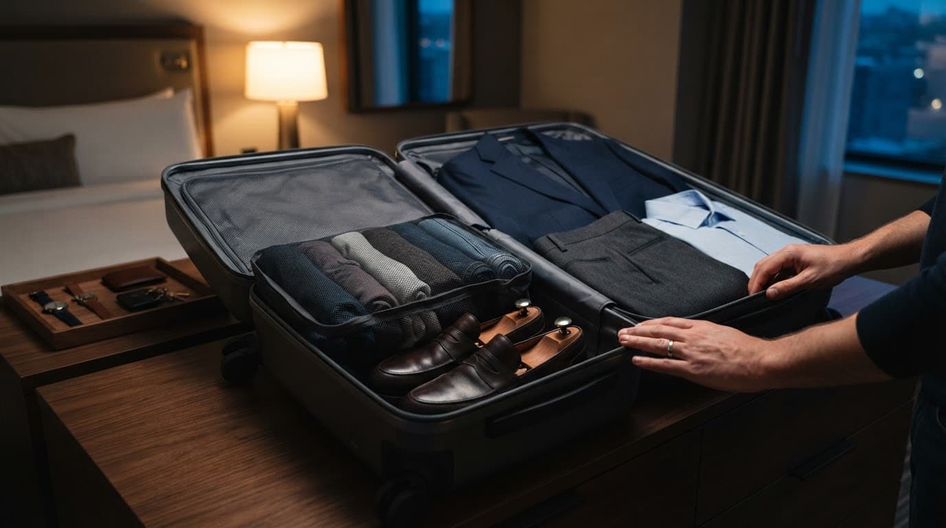 Open suitcase with rolled clothes, folded formalwear, and shoes near the wheels.