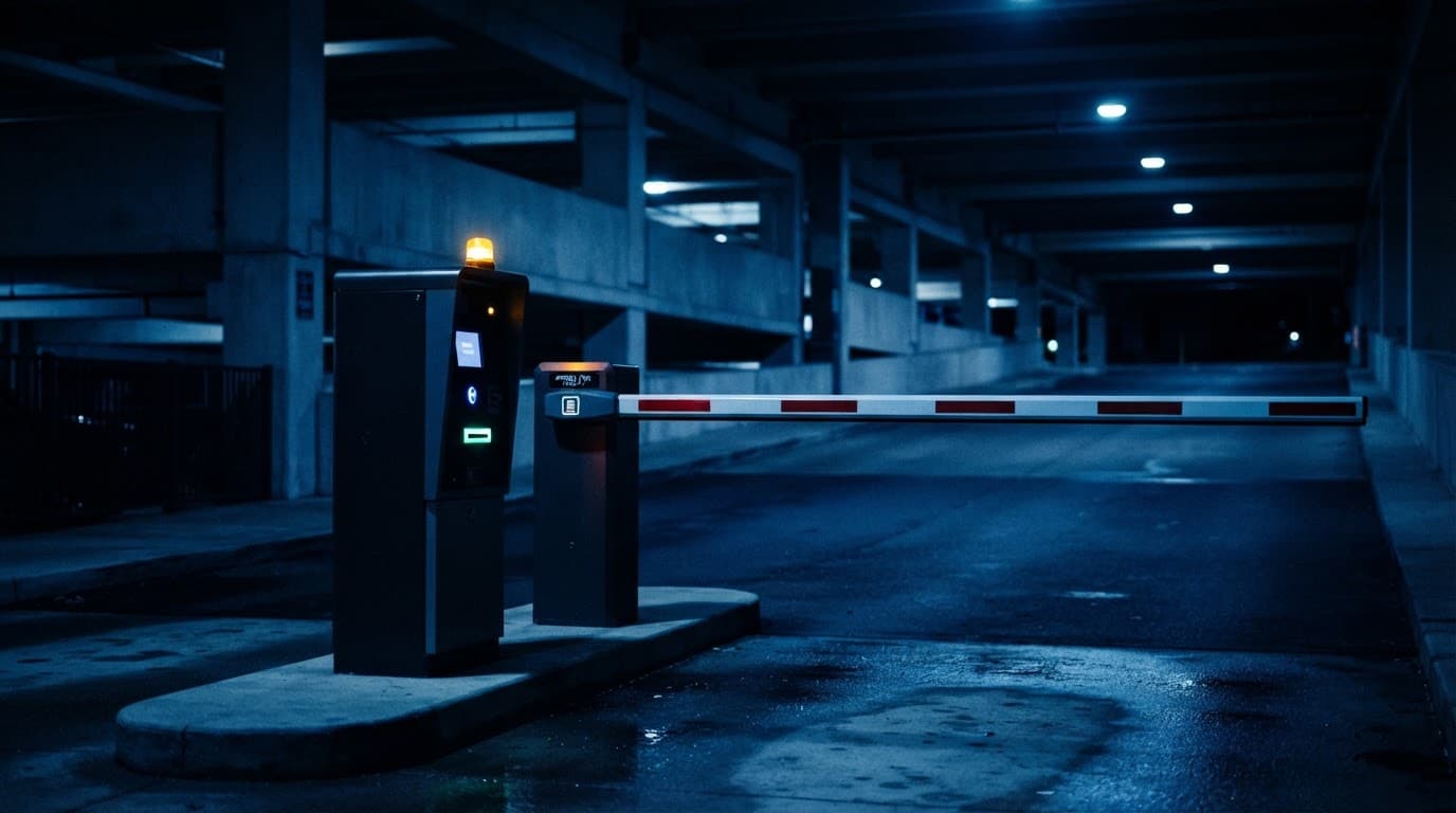 A ticket machine and barrier arm at a dark resort parking garage entrance.