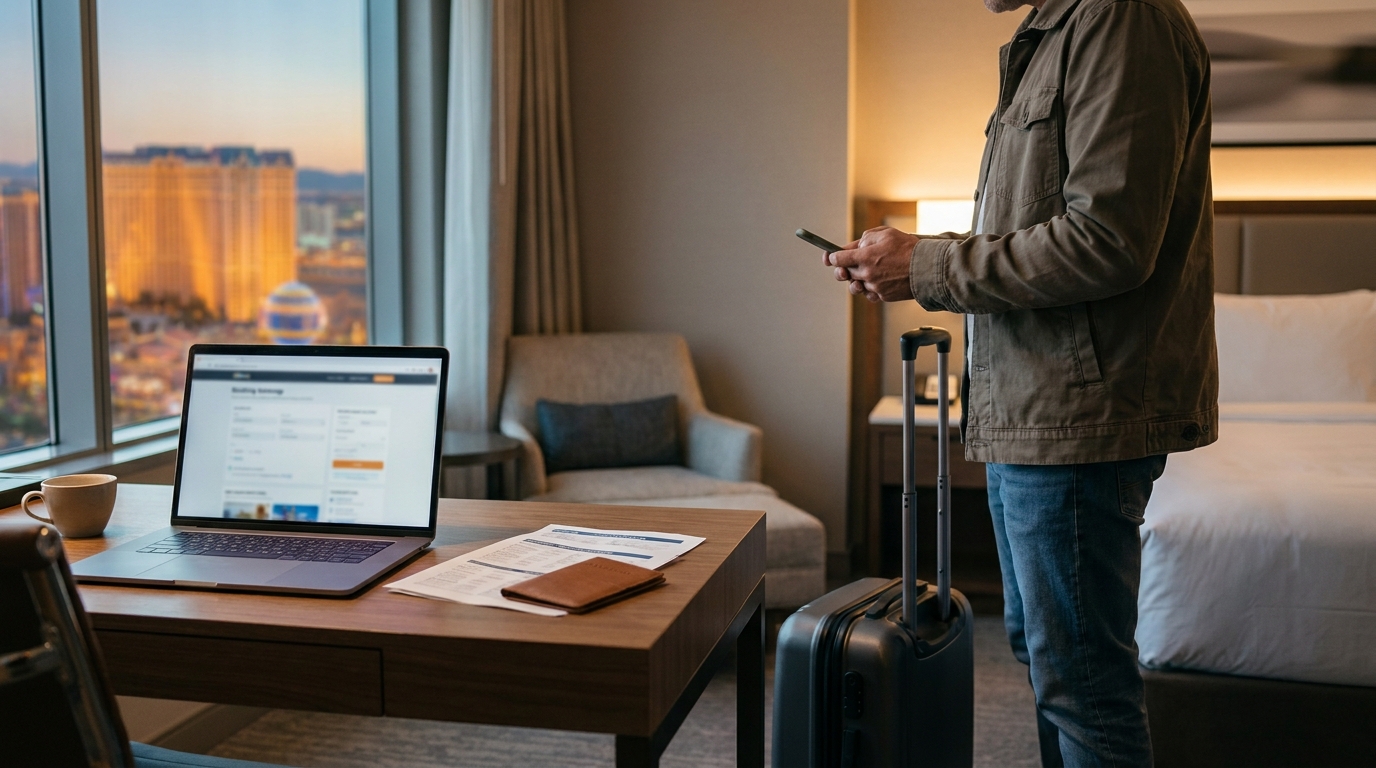 Traveler reviews a casino trip booking beside luggage in a hotel room.
