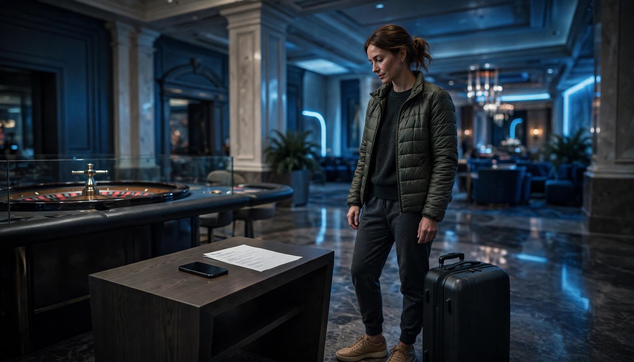 Traveler with luggage checks a casino booking beside a phone and confirmation.