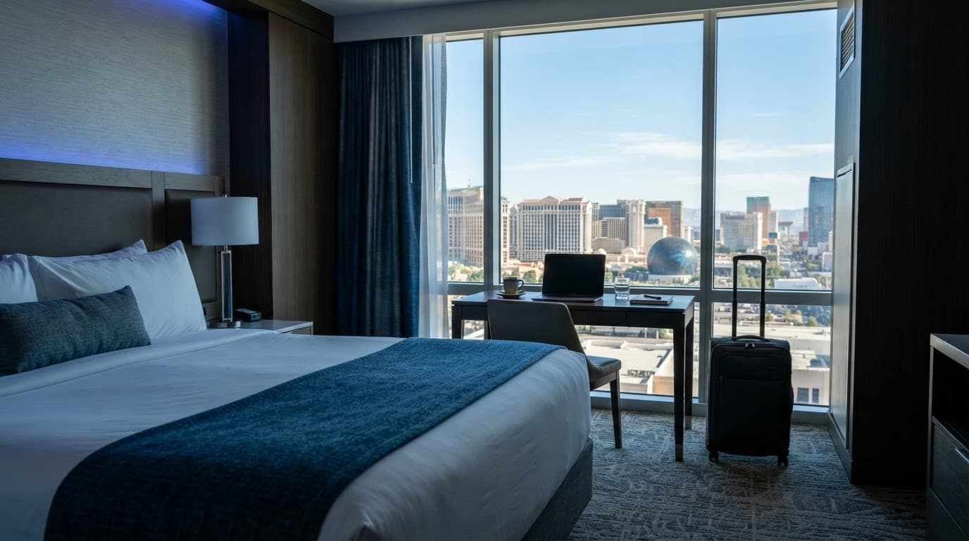 A made hotel bed, desk with laptop and coffee, carry-on bag, and Las Vegas skyline.