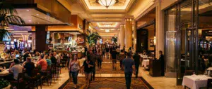A wide shot of the MGM Grand Las Vegas resort interior at dusk, golden casino lighting spilling onto a row of varied restaurant entrances along a wide corridor, hinting at the range